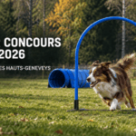Chien franchissant un hoop pour annoncer le dernier concours du RHC 2026 aux Hauts-Geneveys