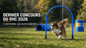 Chien franchissant un hoop pour annoncer le dernier concours du RHC 2026 aux Hauts-Geneveys